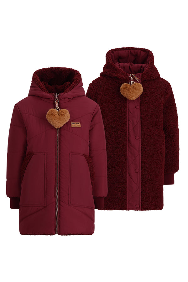 Meisjes Betty MidLong Reversible Winterjacket+heart keyhanger van NoNo in de kleur Bordeaux in maat 146-152.