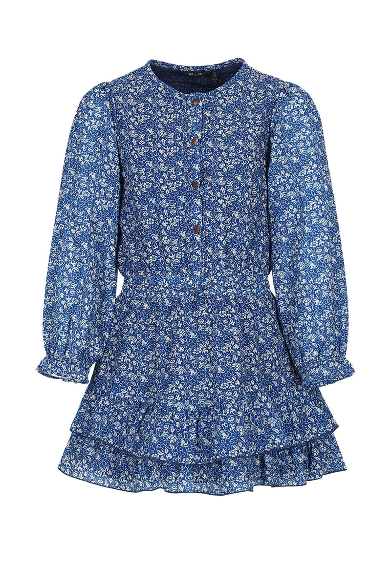 Meisjes Miggy Japanse Flower AOP Dress van NoNo in de kleur Intense Blue in maat 134-140.