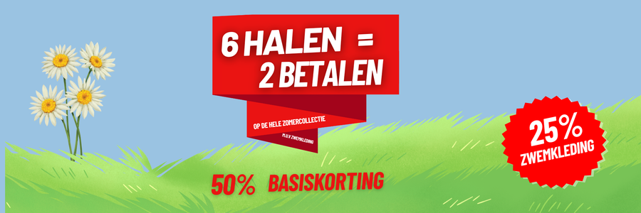 Stapelkorting: 1-2 stuks 30% korting, 3-4 stuks 40%, 5 of meer 50%. Geldt niet op reeds afgeprijsde artikelen.