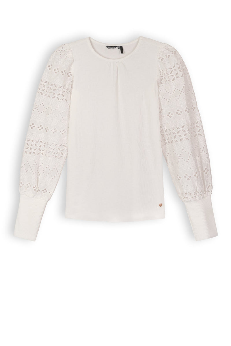 Meisjes Kiva Girls Rib Tshirt With Contrast Woven Sleeves van NoBell in de kleur Snow White in maat 170-176.