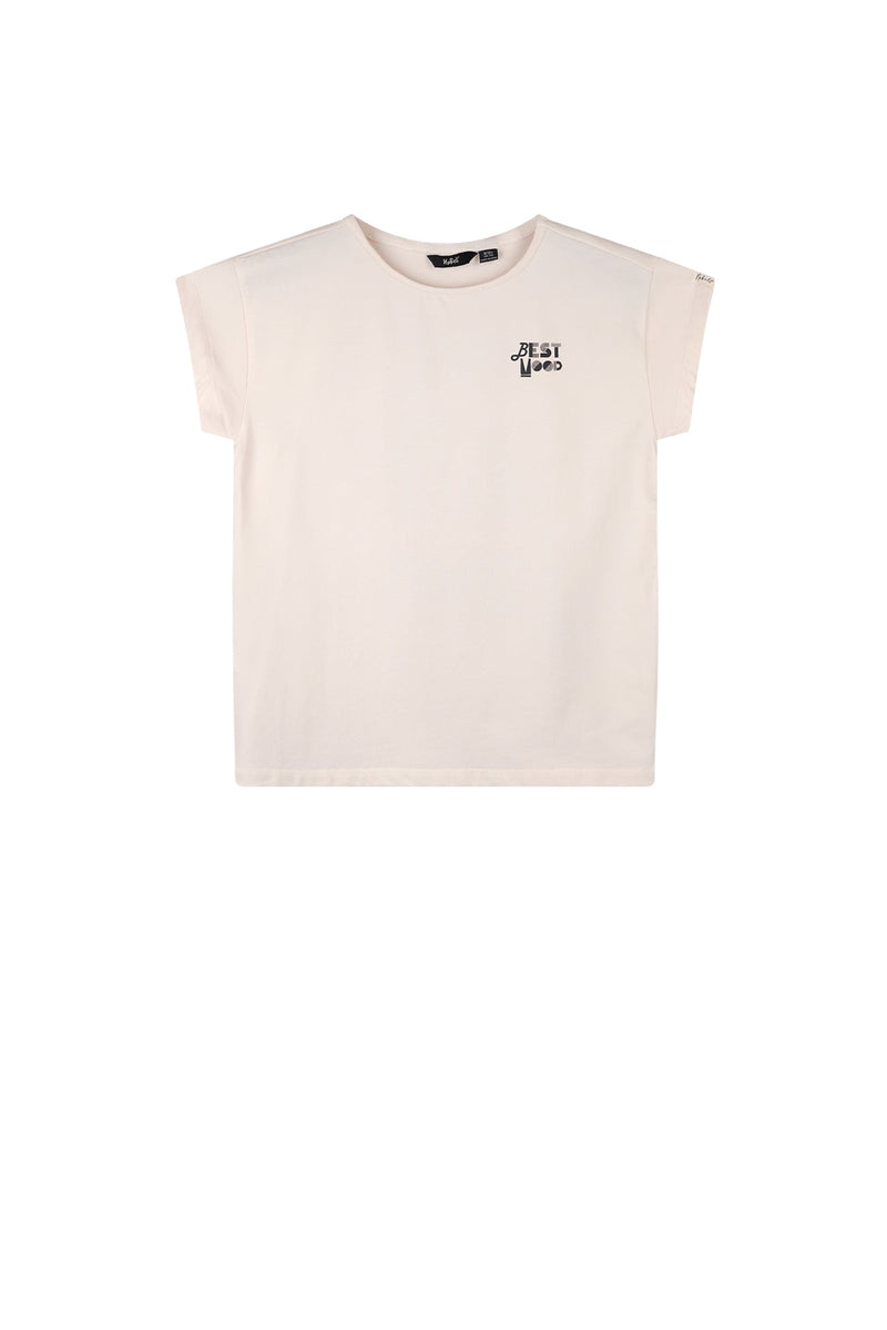 Meisjes Kase T-shirt with big print at back van NoBell in de kleur Pearled Ivory in maat 170-176.