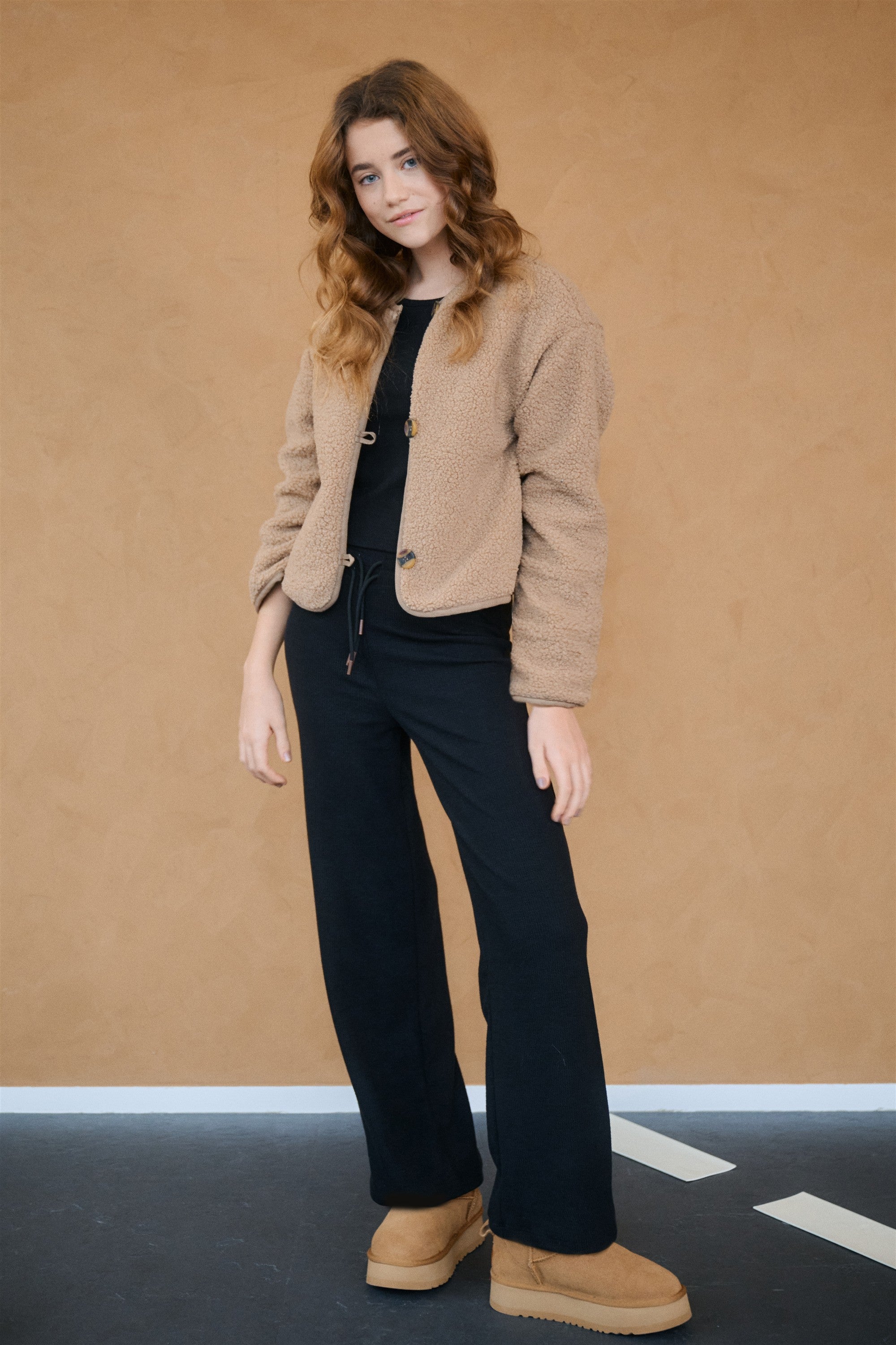 Meisjes Sally Melange Rib Wide Leg Pants van NoBell in de kleur Jet Black in maat 176.