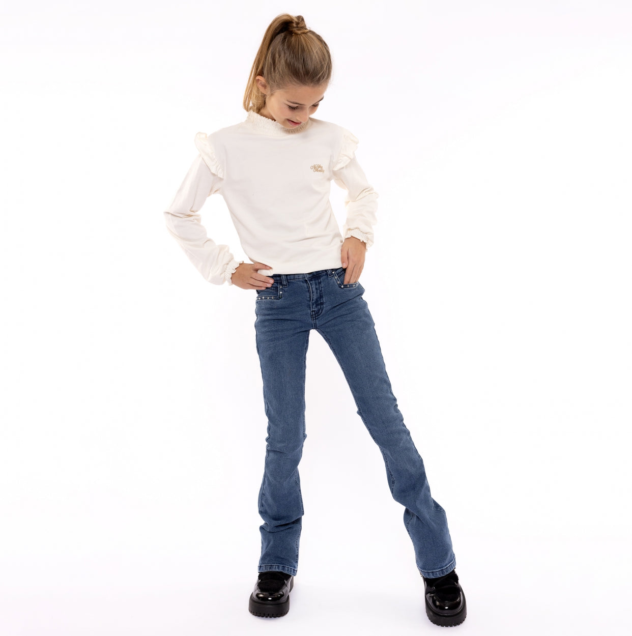 Meisjes Jeans flared van No Way Monday in de kleur Blue jeans in maat 164.