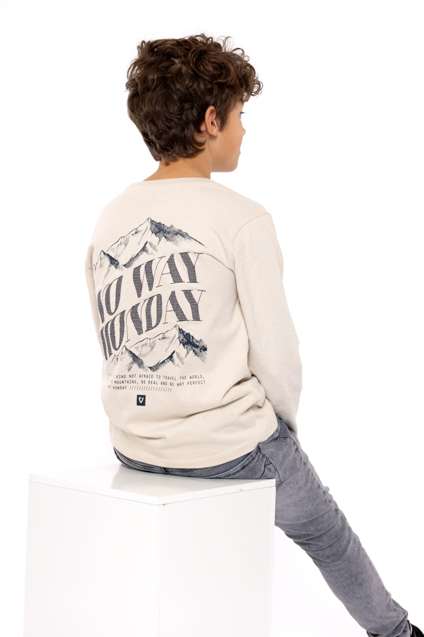 Jongens T-shirt ls van No Way Monday in de kleur Sand in maat 164.