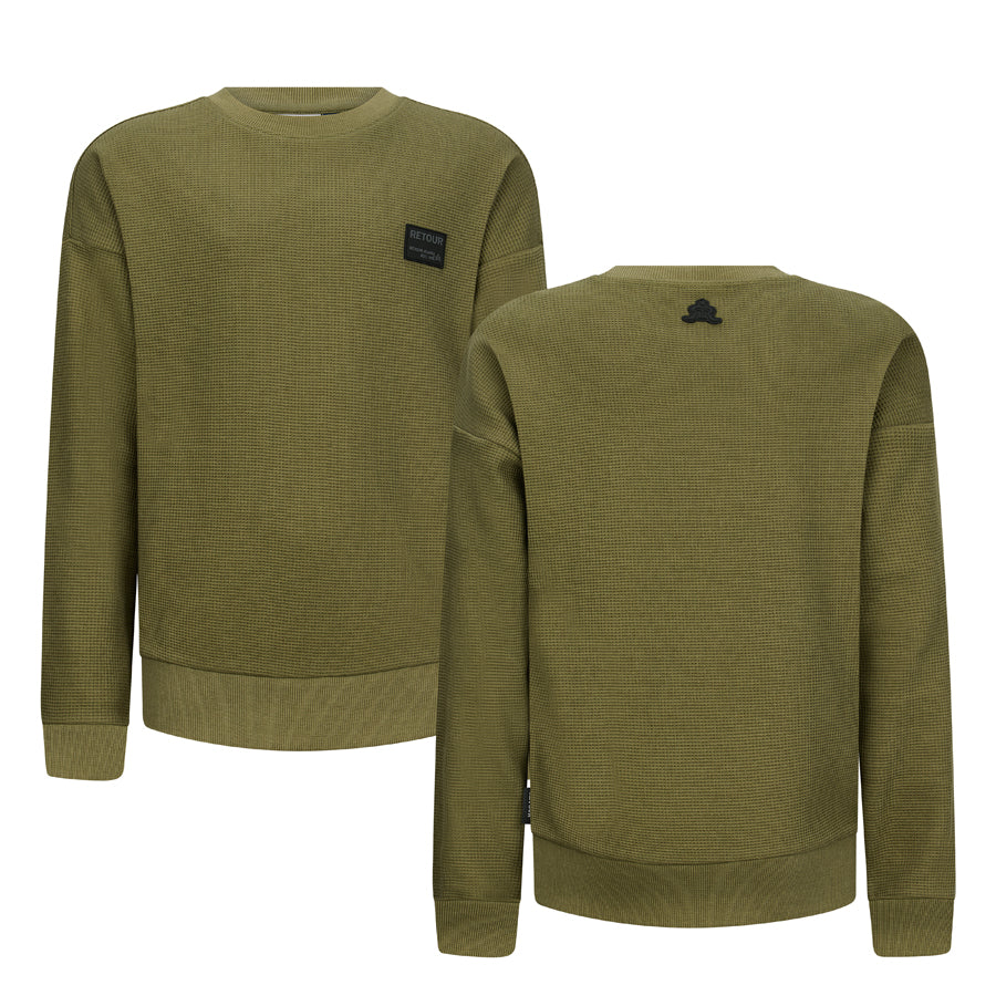 Jongens Crewneck Sweater Gabriel van RETOUR in de kleur dusty olive in maat 182-188.