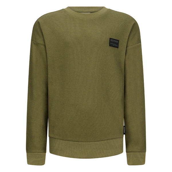 Jongens Crewneck Sweater Gabriel van RETOUR in de kleur dusty olive in maat 182-188.