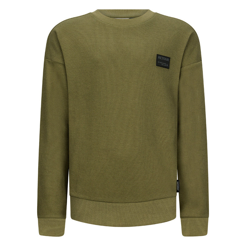Jongens Crewneck Sweater Gabriel van RETOUR in de kleur dusty olive in maat 182-188.