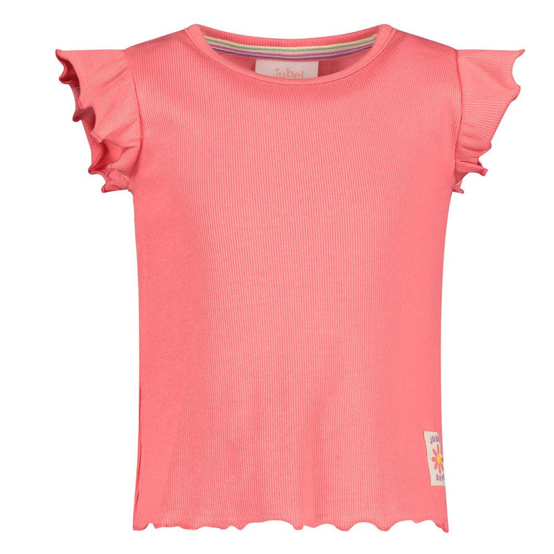 Meisjes T-shirt rib - Picknick Perfect van Jubel in de kleur Koraal in maat 128.