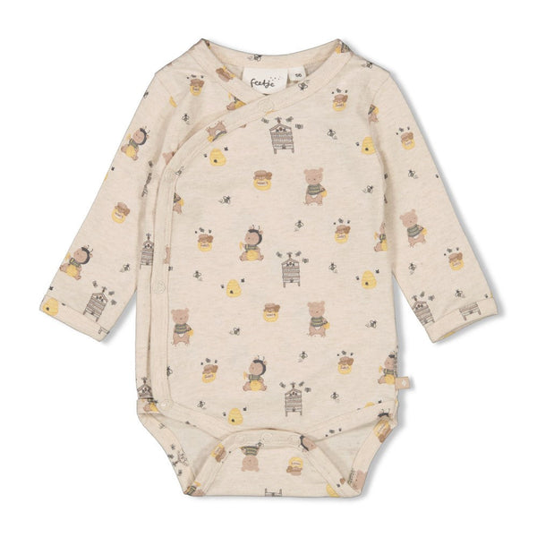 Unisexs Wikkelromper AOP - Honey Bear van Feetje in de kleur Offwhite melange in maat 62.