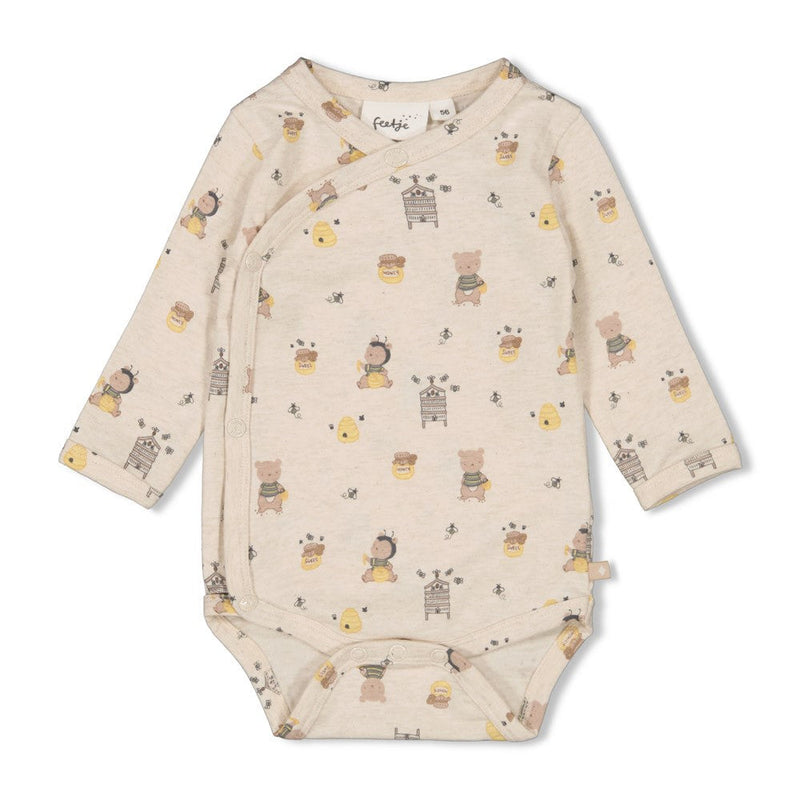 Unisexs Wikkelromper AOP - Honey Bear van Feetje in de kleur Offwhite melange in maat 62.