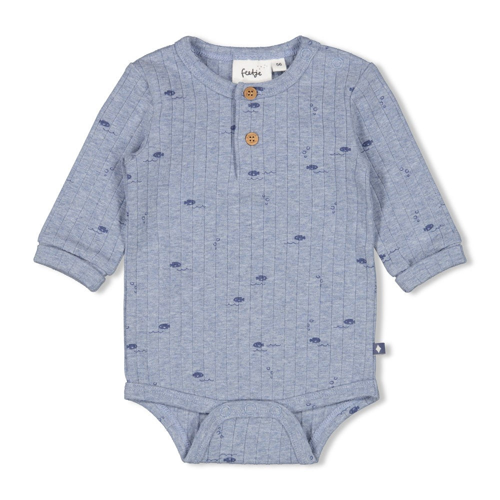 Jongens Romper rib AOP - Blue Ocean van Feetje in de kleur Blauw melange in maat 62.