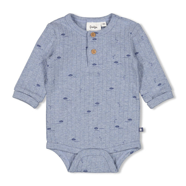 Jongens Romper rib AOP - Blue Ocean van Feetje in de kleur Blauw melange in maat 62.