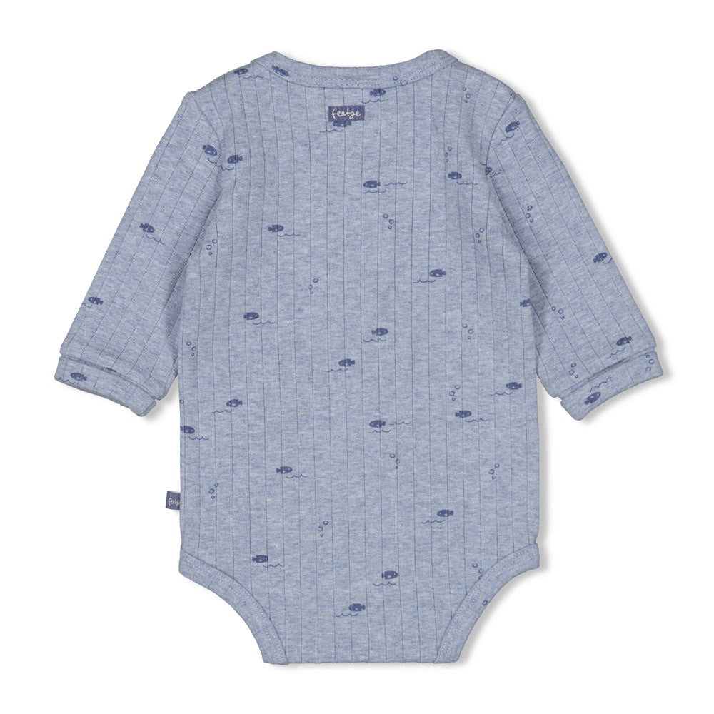 Jongens Romper rib AOP - Blue Ocean van Feetje in de kleur Blauw melange in maat 62.