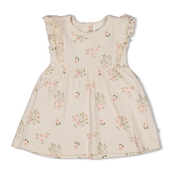 Meisjes Jurk pointelle rib AOP k/m - Let Your Dreams Blossom van Feetje in de kleur Offwhite in maat 86.