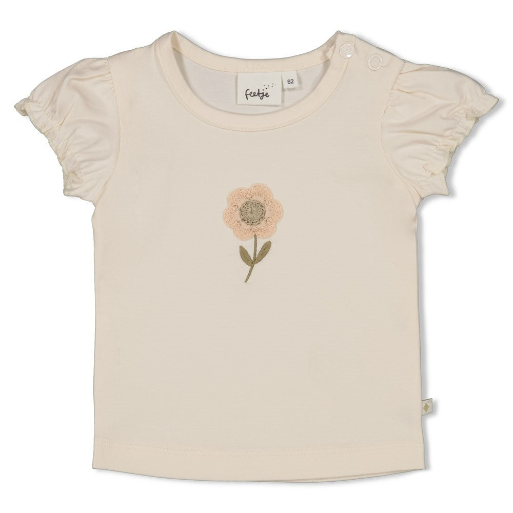 Meisjes T-shirt met crochet bloem - Let Your Dreams Blossom van Feetje in de kleur Offwhite in maat 86.