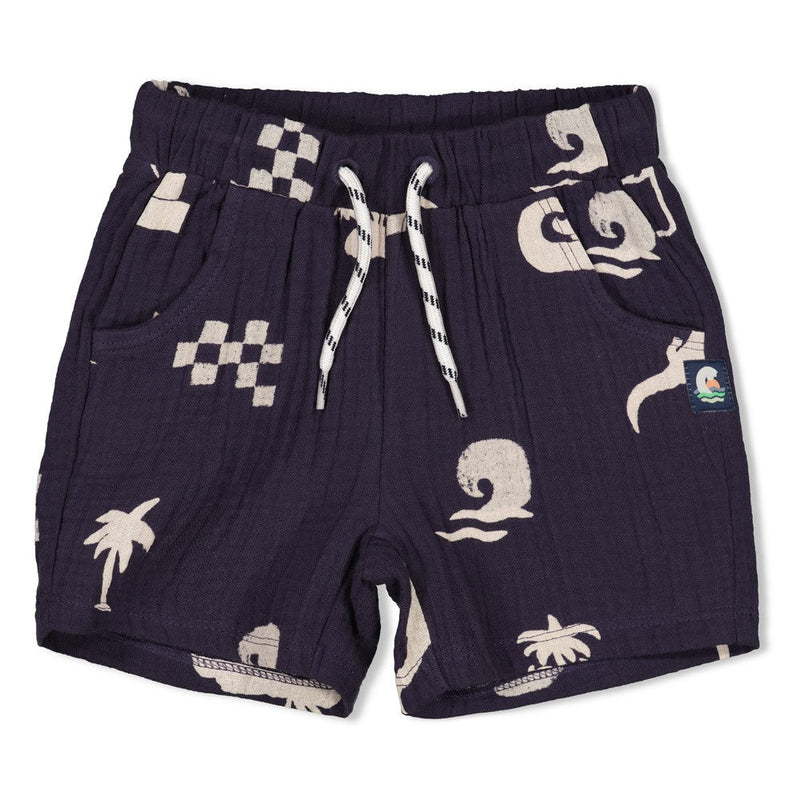 Jongens Short mousseline AOP - Lagoon Legends van Feetje in de kleur Indigo in maat 86.