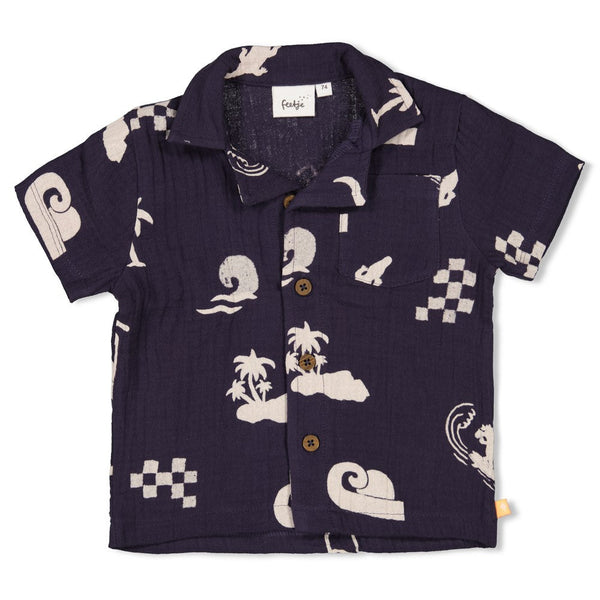 Jongens Blouse mousseline AOP - Lagoon Legends van Feetje in de kleur Indigo in maat 86.