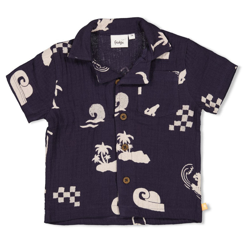 Jongens Blouse mousseline AOP - Lagoon Legends van Feetje in de kleur Indigo in maat 86.