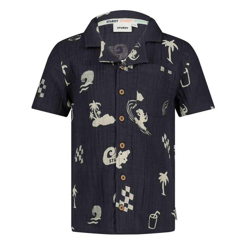 Jongens Overhemd k/m AOP mousseline - Lagoon Legends van Sturdy in de kleur Indigo in maat 128.