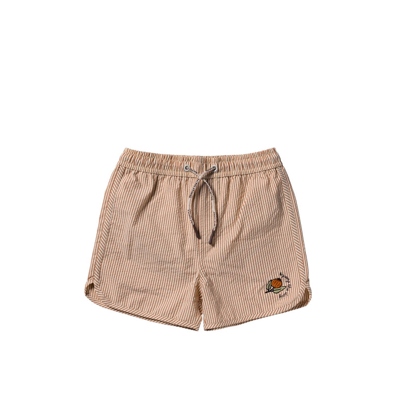 Jongens Seersucker | Swim Shorts van Salted Stories in de kleur Bombay Brown in maat 134-140.