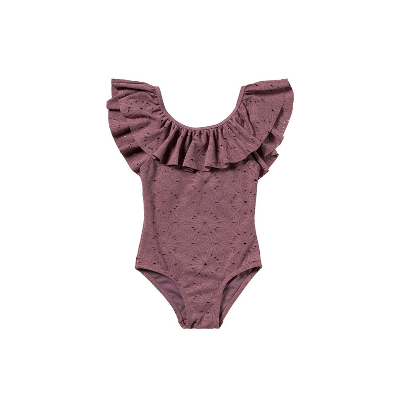 Meisjes Broderie | Swimsuit van Salted Stories in de kleur Dusky Orchid in maat 134-140.