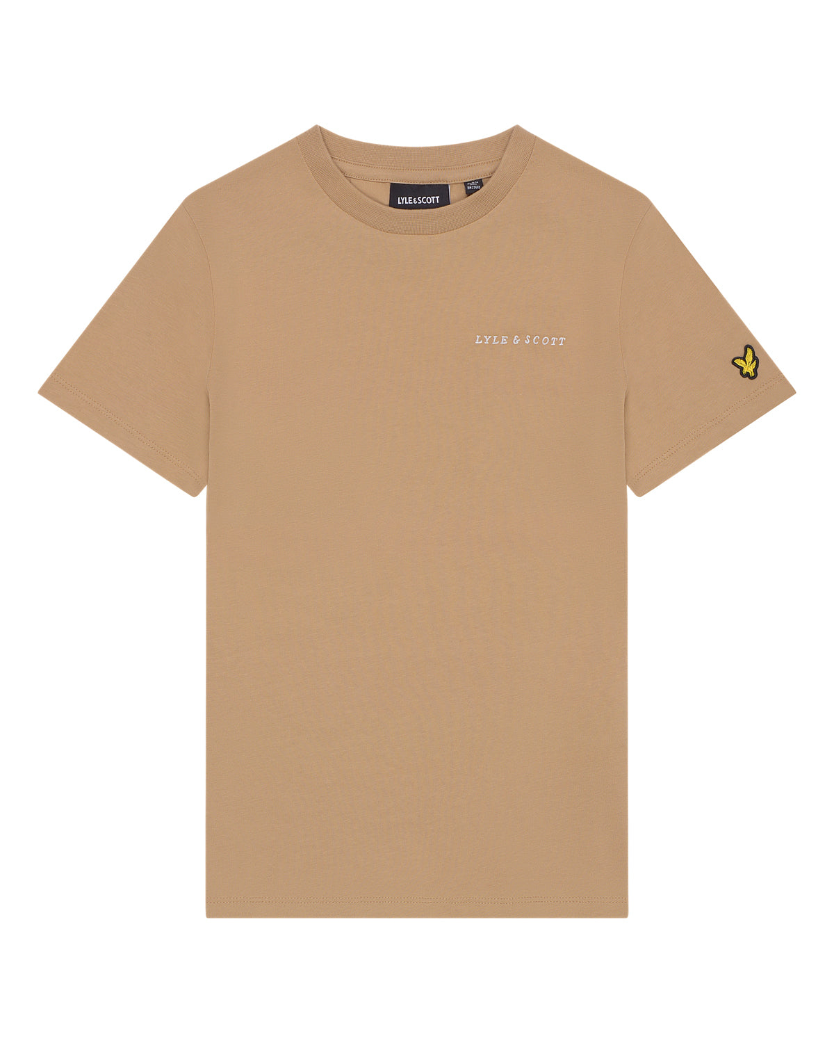 Jongens Script Embroidered T-shirt van Lyle & Scott in de kleur Sand Storm in maat 170-176.