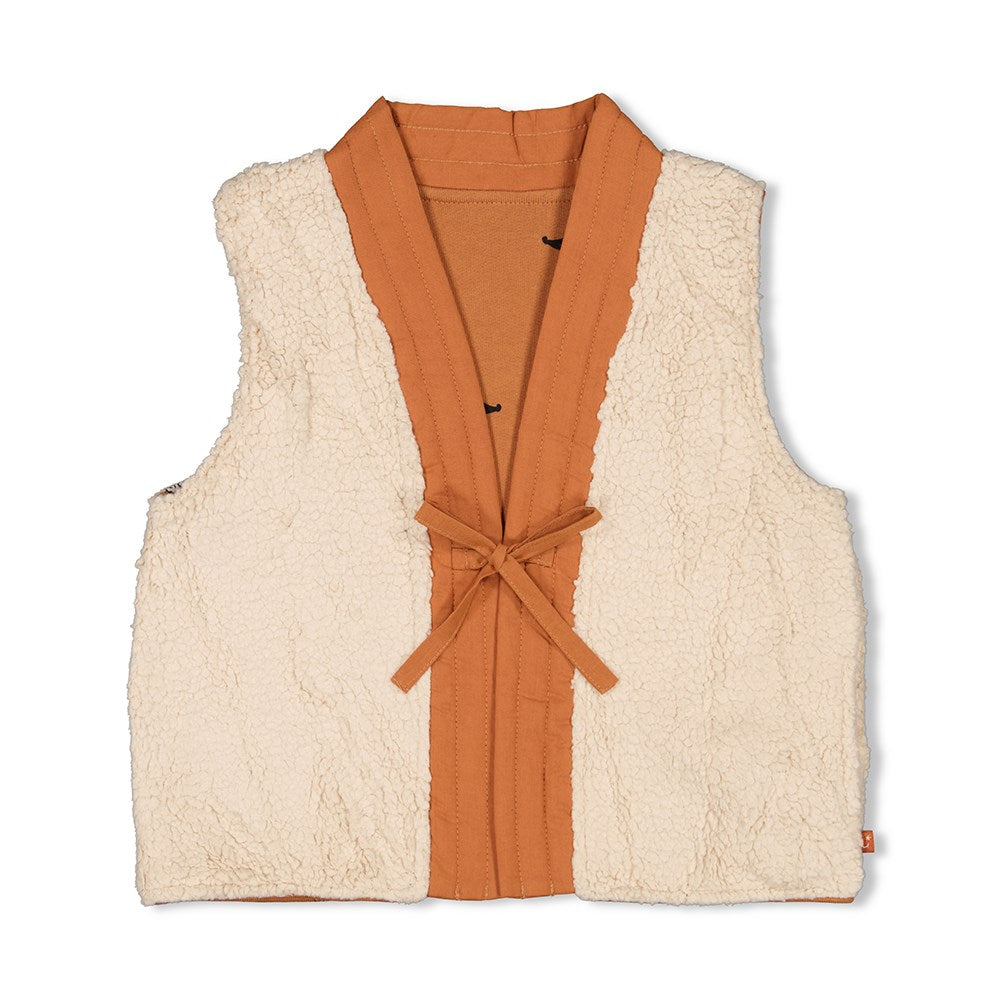 Meisjes Omkeerbaar Gilet Teddy / AOP - Amour Toujours van Jubel in de kleur Camel in maat 128.