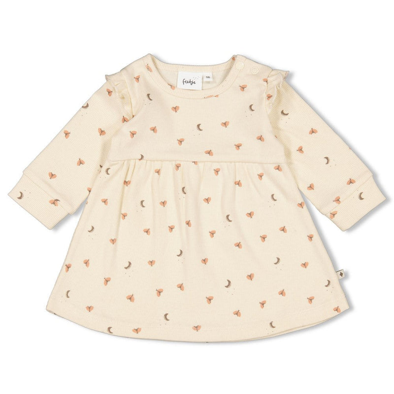 Meisjes Jurk ruches rib AOP - Dancing In The Moonlight van Feetje in de kleur Off White in maat 86.