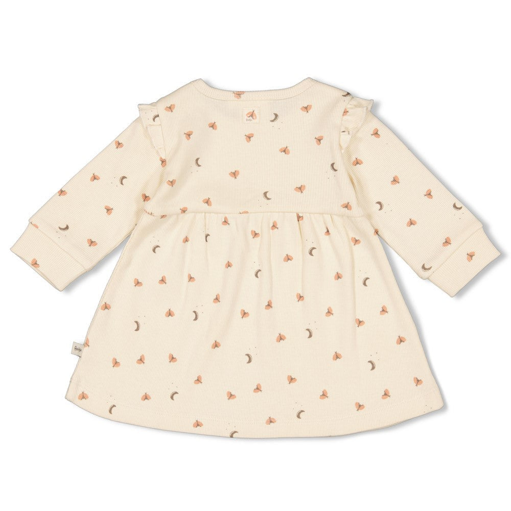 Meisjes Jurk ruches rib AOP - Dancing In The Moonlight van Feetje in de kleur Off White in maat 86.