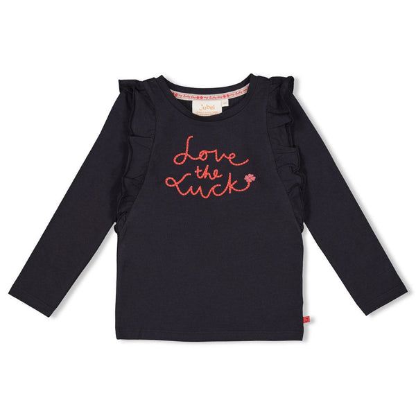 Meisjes Longsleeve ruches - Queen Of Hearts van Jubel in de kleur Antraciet in maat 128.