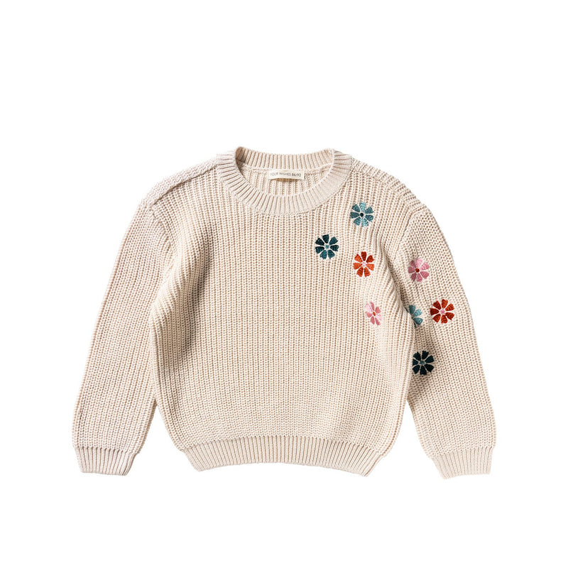 Meisjes Embroidered Flowers | Sweater van Your Wishes in de kleur Oyster Gray in maat 122-128.