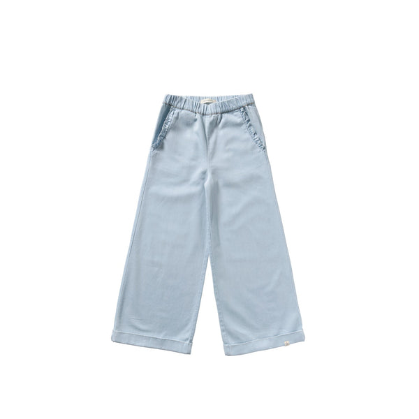 Meisjes Chambray | Ruffle Pants van Your Wishes in de kleur Sunlit Blue in maat 128.