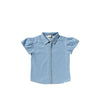 Meisjes Cotton Denim | Ruffle Blouse van Your Wishes in de kleur Faint Blue in maat 128.