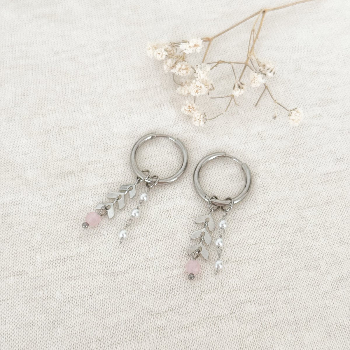 Visgraat, Jade & Pareltjes Oorringen - Zilver