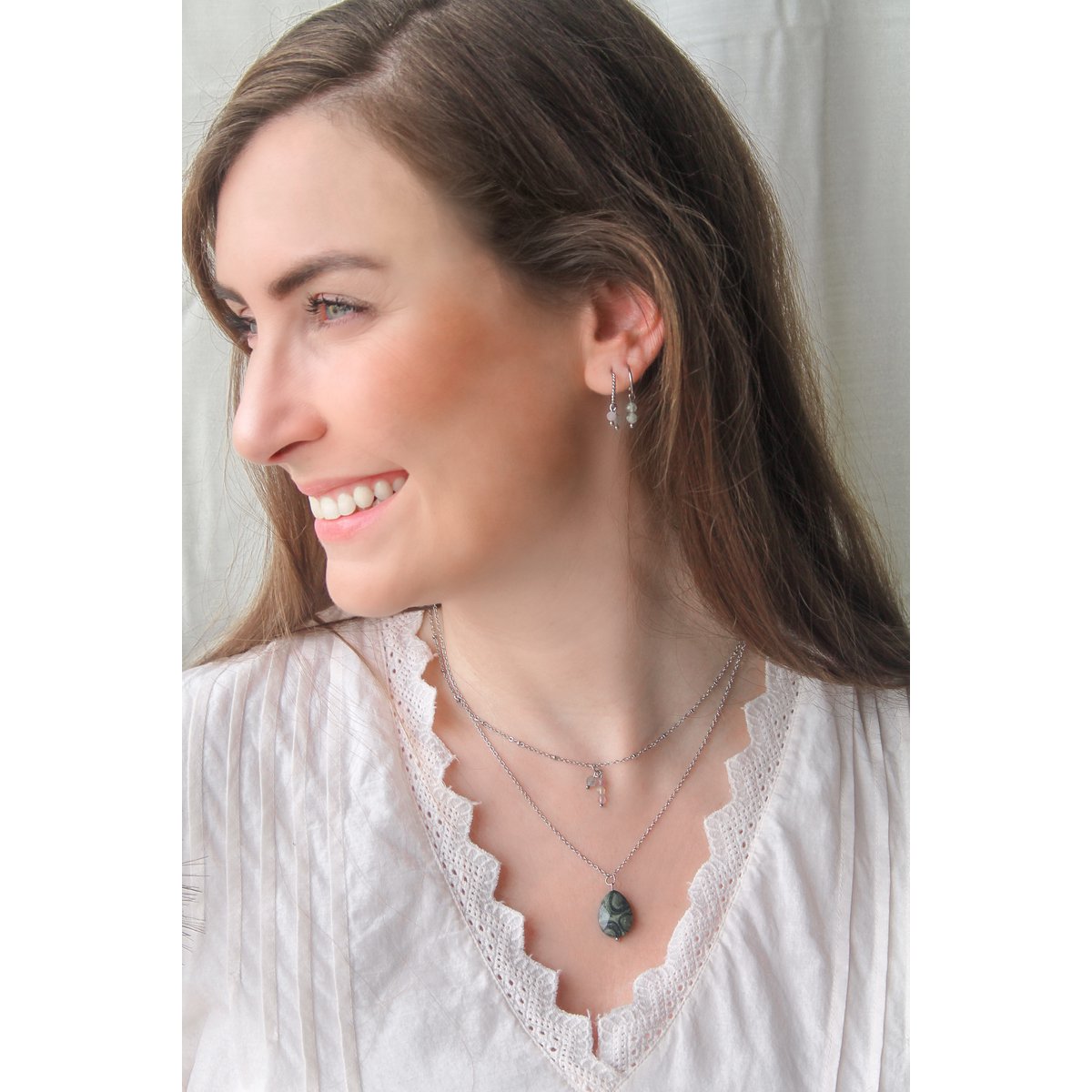 Oorringen Granaat, Prehniet & Kunziet - Zilver