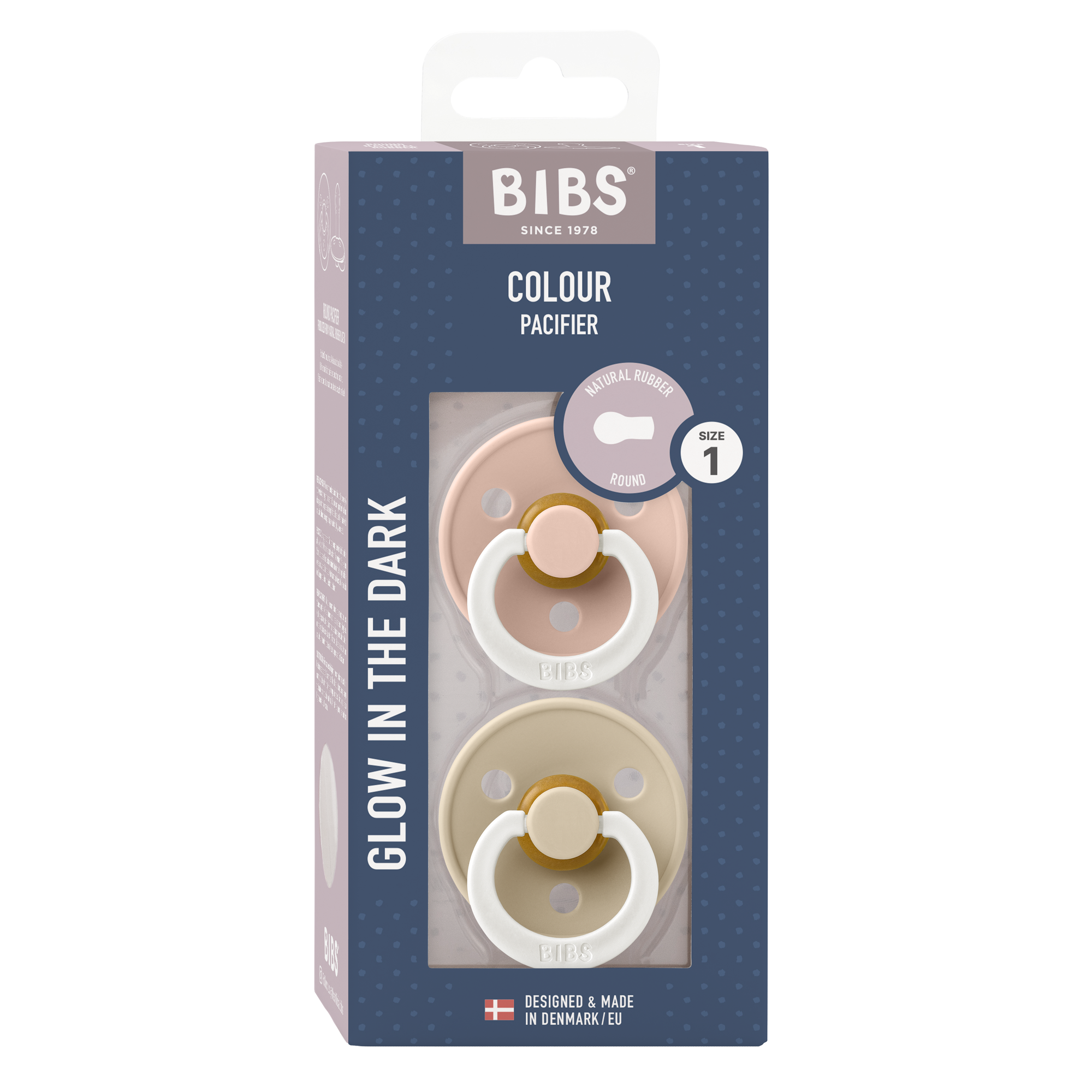 BIBS - Color pacifier in 2 piece packaging Blush GLOW/Vanilla GLOW 