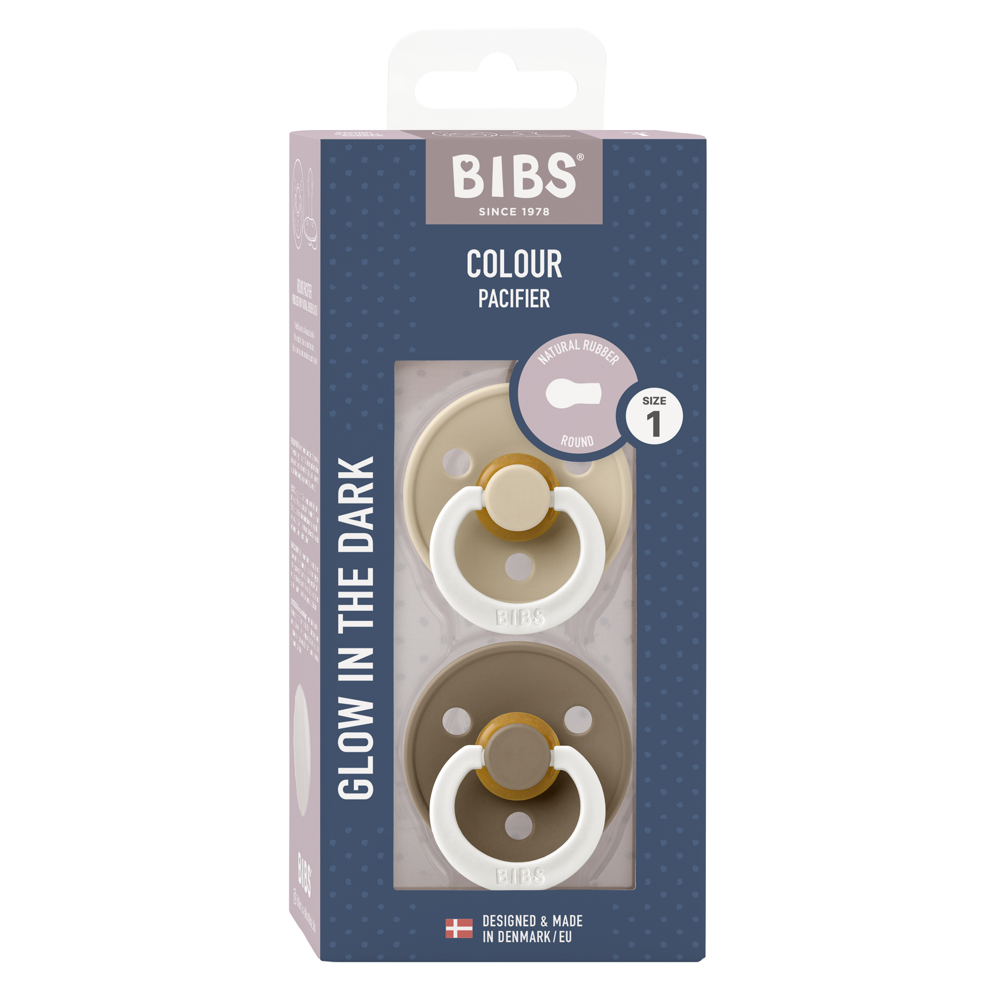 BIBS - Color pacifier in 2 piece packaging Vanilla GLOW/Dark Oak GLOW 
