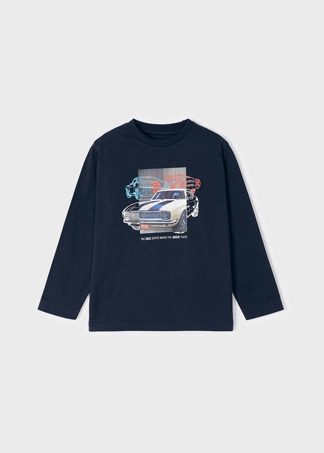 Jongens L/s shirt cars van Mayoral in de kleur Navy in maat 128.