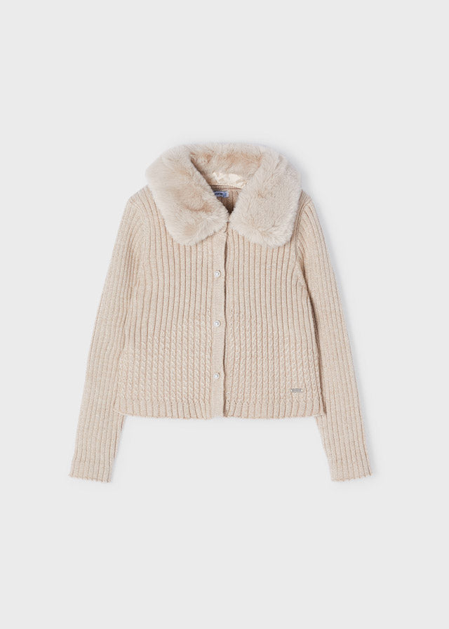 Meisjes Faux fur collar cardigan van Mayoral in de kleur Sepia in maat 128.