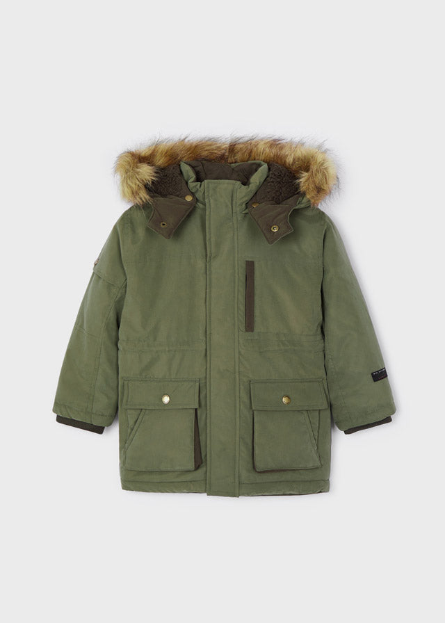 Jongens Faux fur hooded parka coat van Mayoral in de kleur Dark thyme in maat 128.