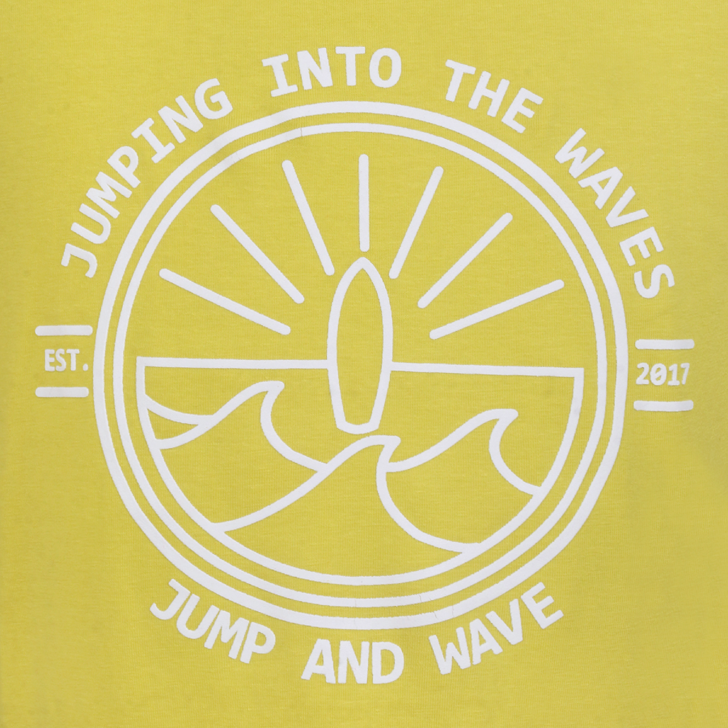 Jongens T-shirt Jumping into the waves geel van Jumping The C in de kleur Geel in maat 146, 152.