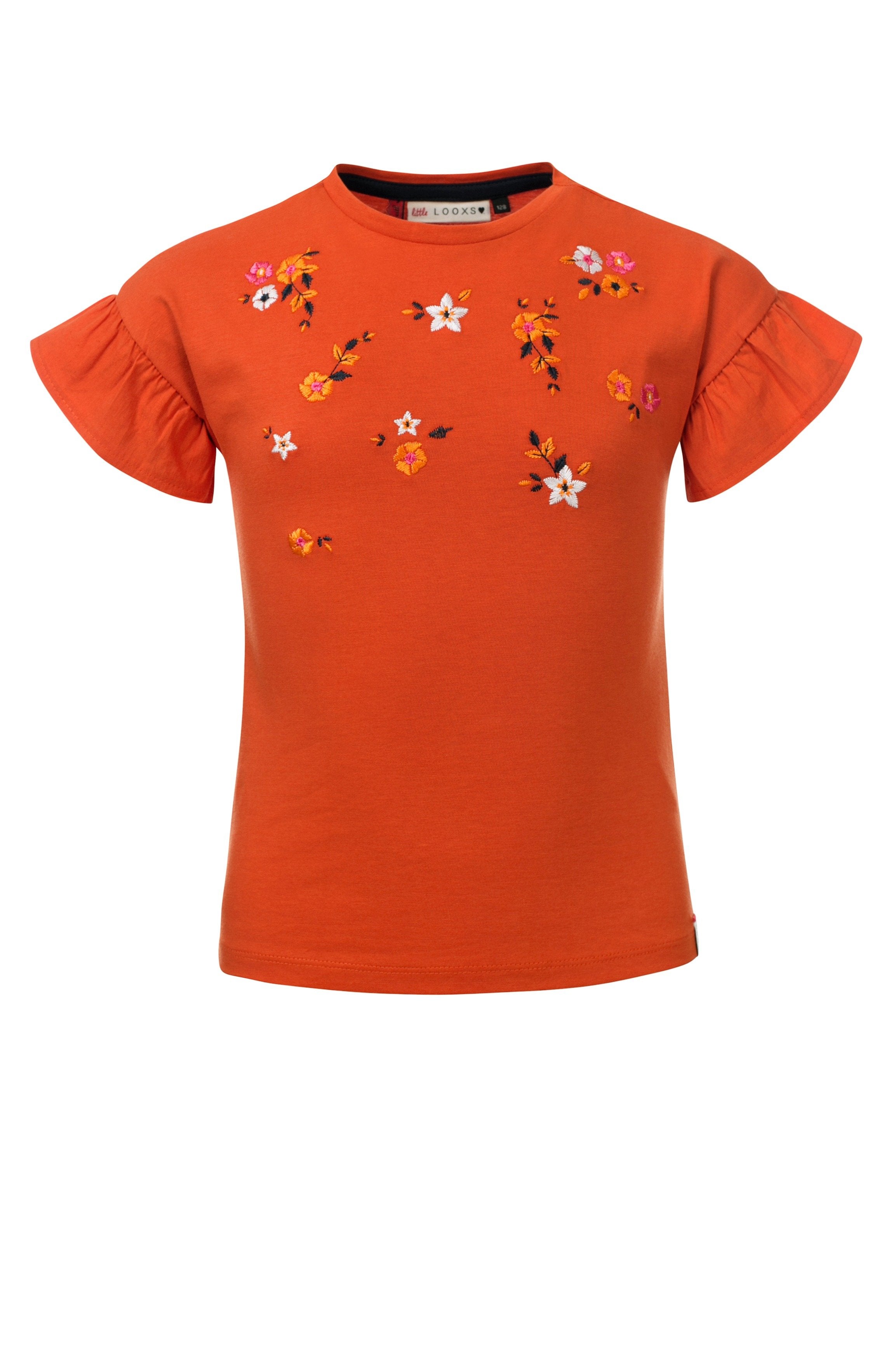 Meisjes T-Shirt Poplin Ruffle van Little Looxs in de kleur Rust in maat 128.