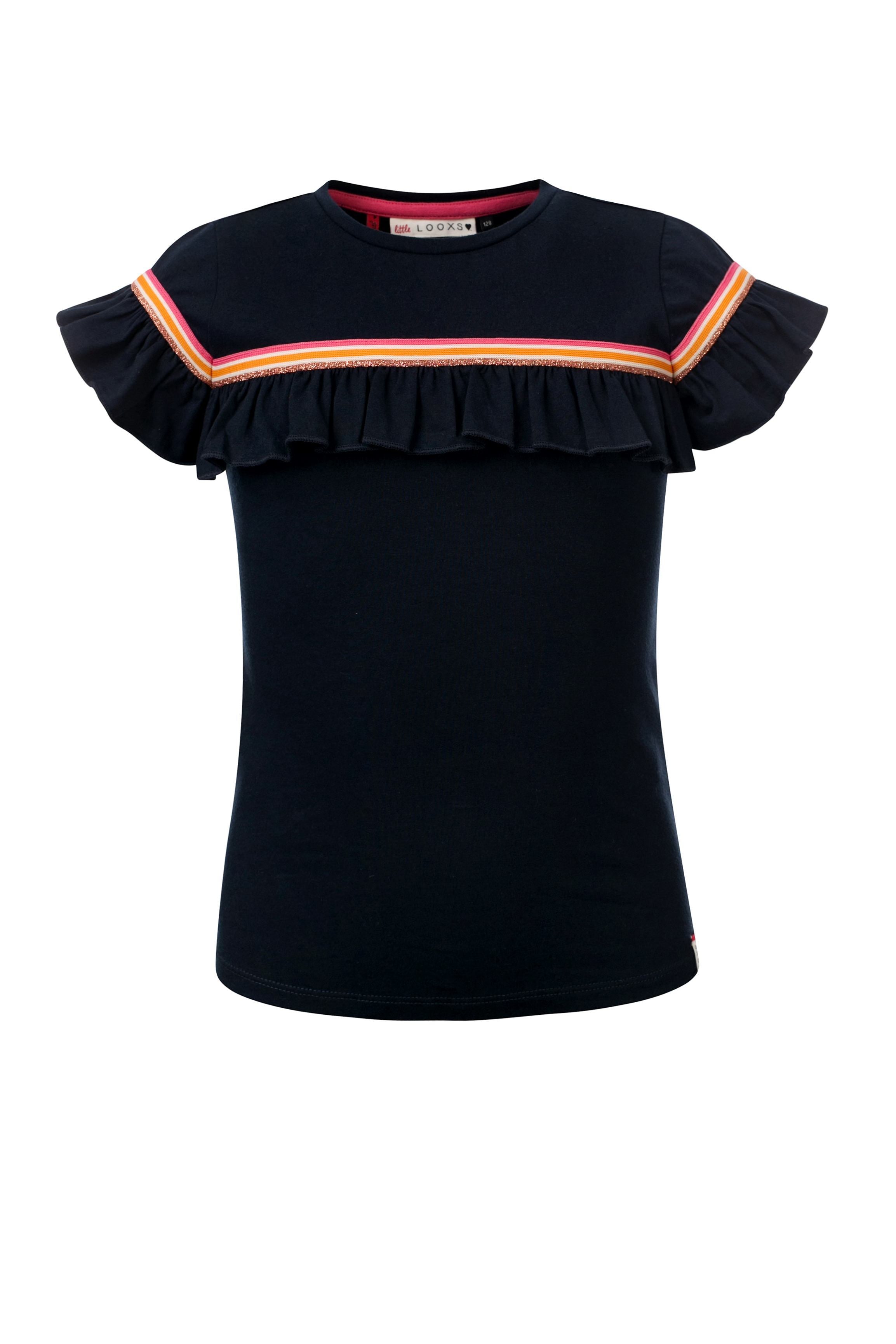 Meisjes T-Shirt Ruffle S. van Little Looxs in de kleur Navy in maat 128.