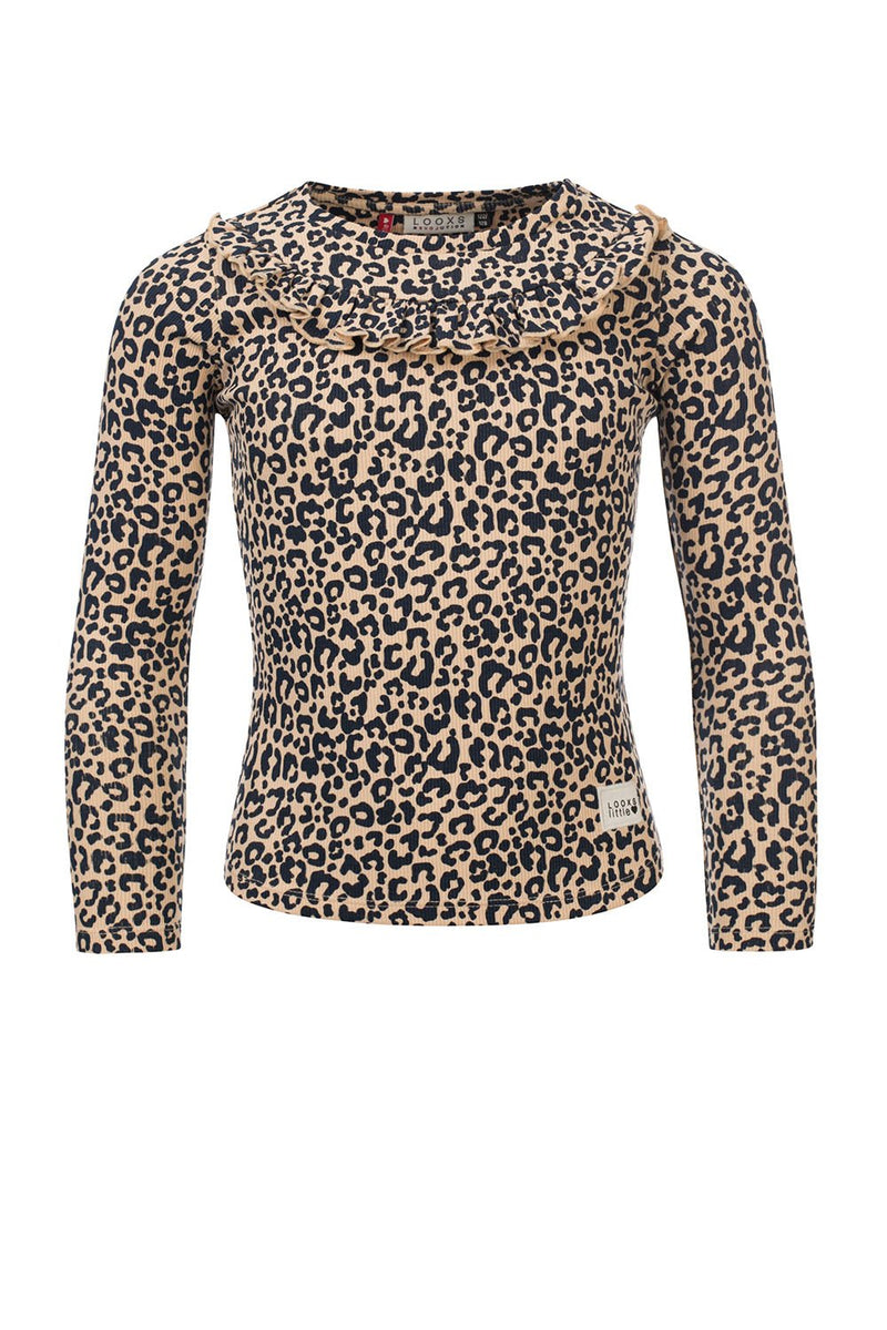 Meisjes Little leopard rib T-shirt ls van LOOXS Little in de kleur sandy leopard in maat 128.