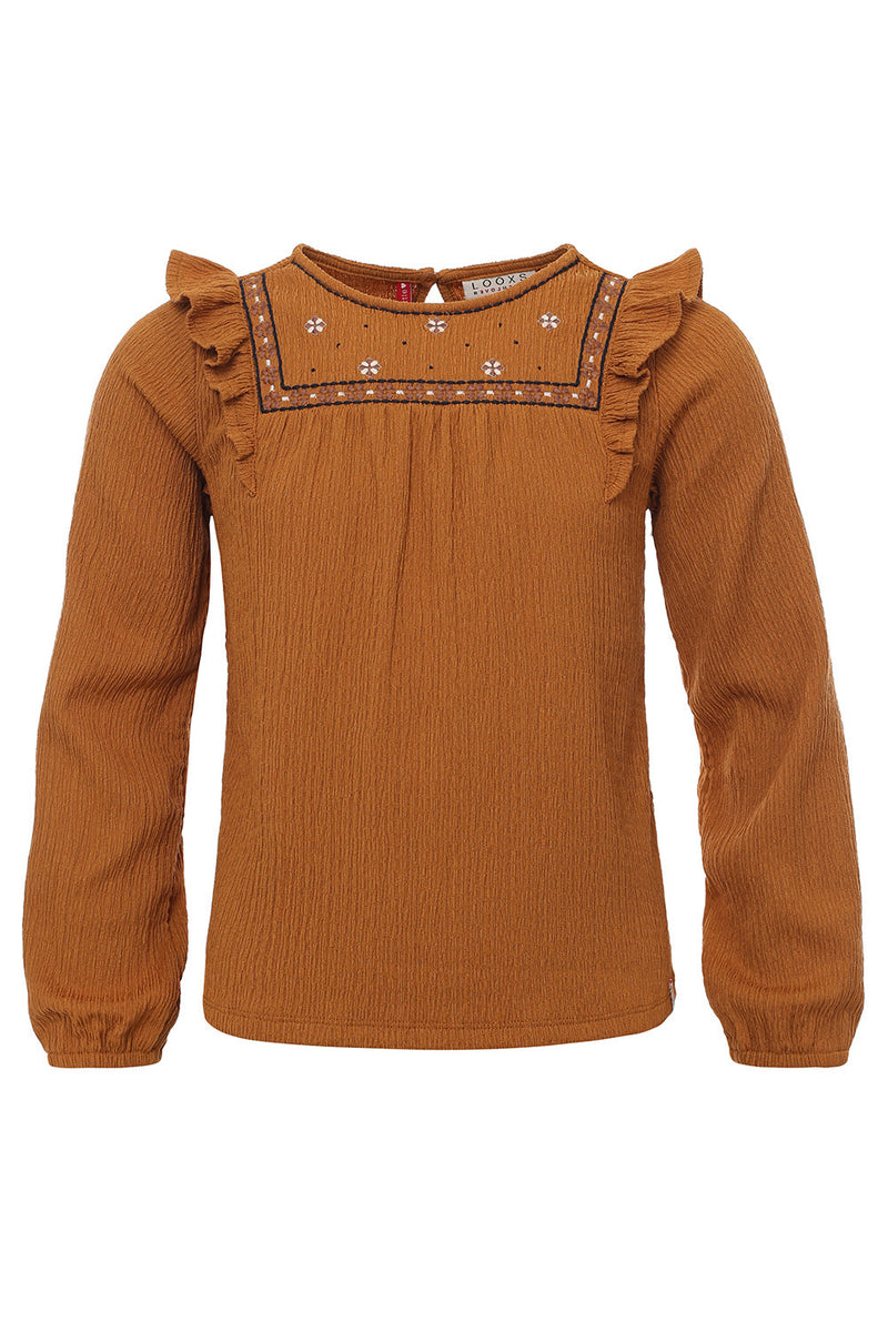 Meisjes Jaquard Blouse van Looxs Little in de kleur OCHRE in maat 128.