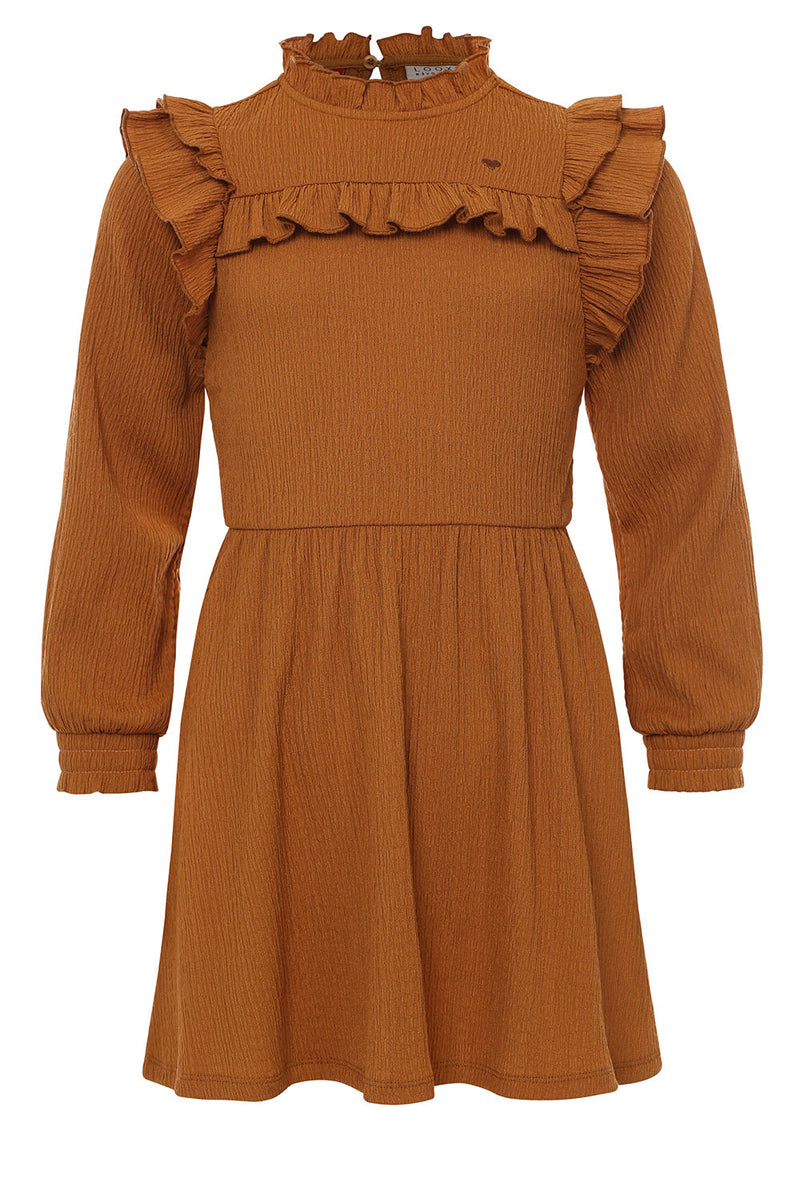 Meisjes Jaquard Dress van Looxs Little in de kleur OCHRE in maat 128.