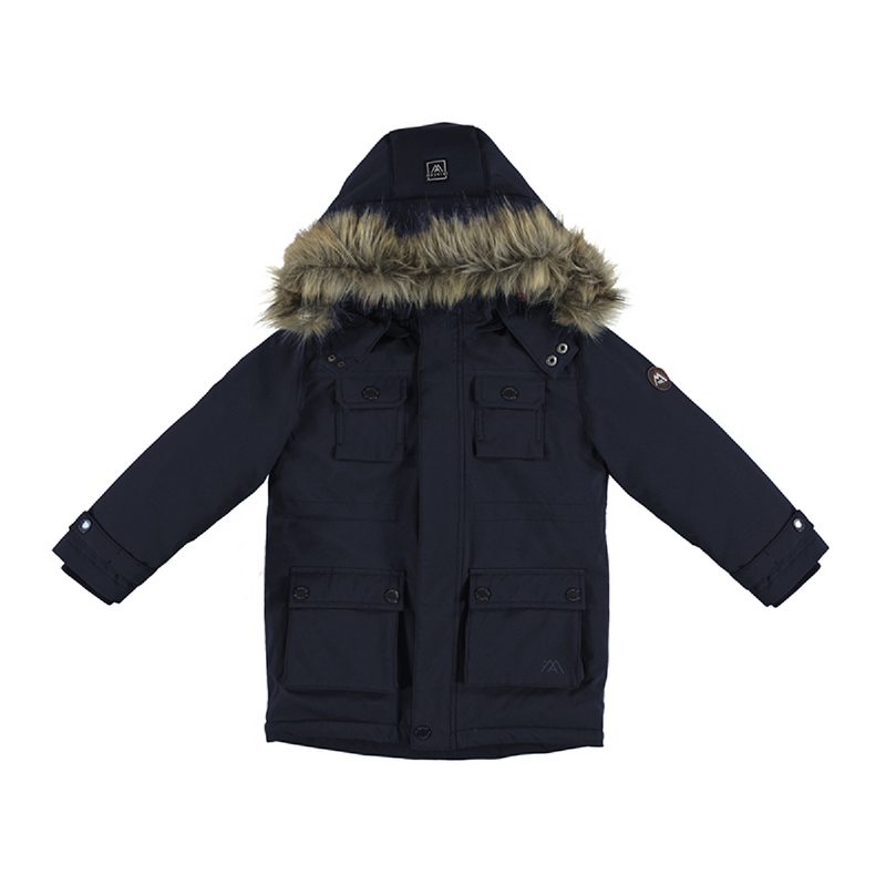 jongens Faux Fur Parka Coat van Mayoral in de kleur Donkerblauw in maat 128.
