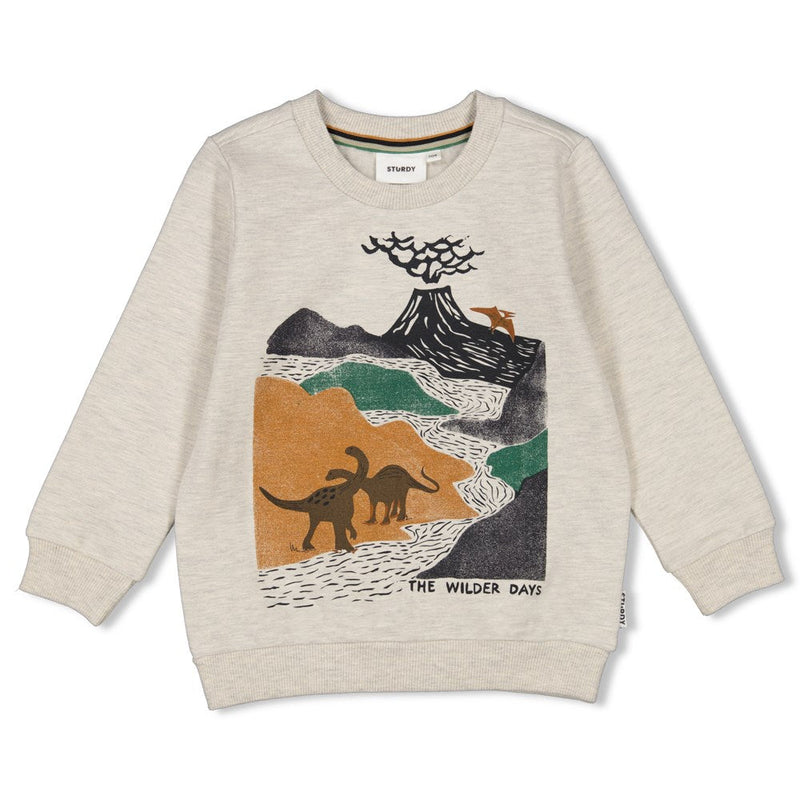 Jongens Sweater - He Ho Dino van Sturdy in de kleur Offwhite melange in maat 128.