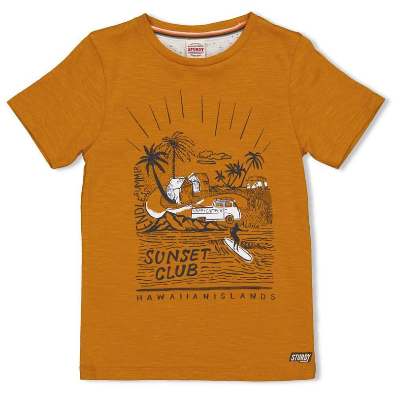 Jongens T-shirt - Happy Camper van Sturdy in de kleur Okergeel in maat 128.