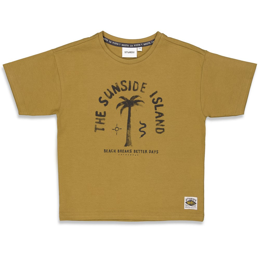 Jongens T-shirt Sunside - Tiki Island van Sturdy in de kleur Olijf in maat 128.